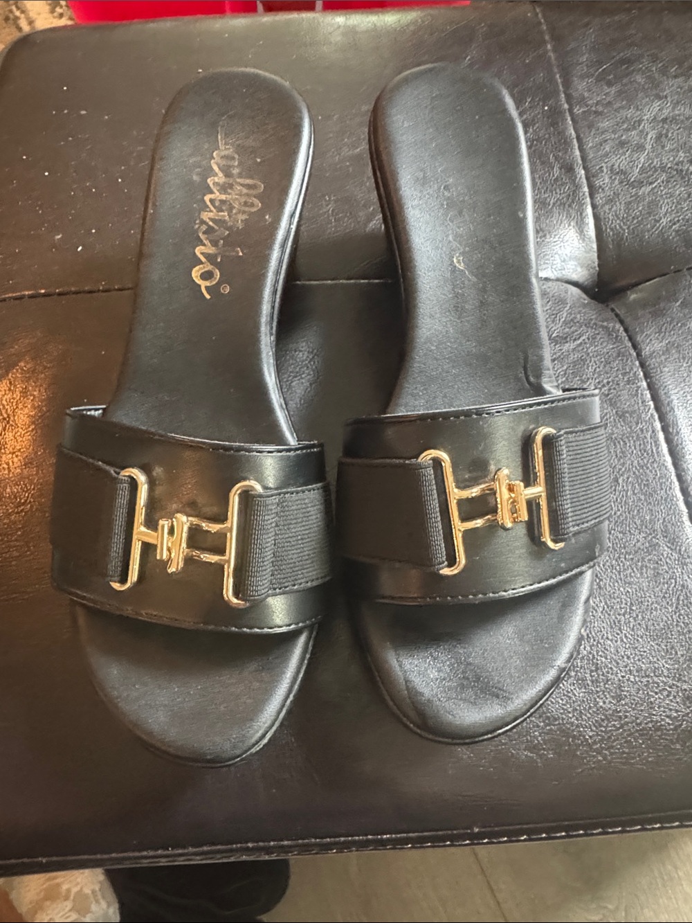 Callisto Black Slide Mules with Gold Hardware
